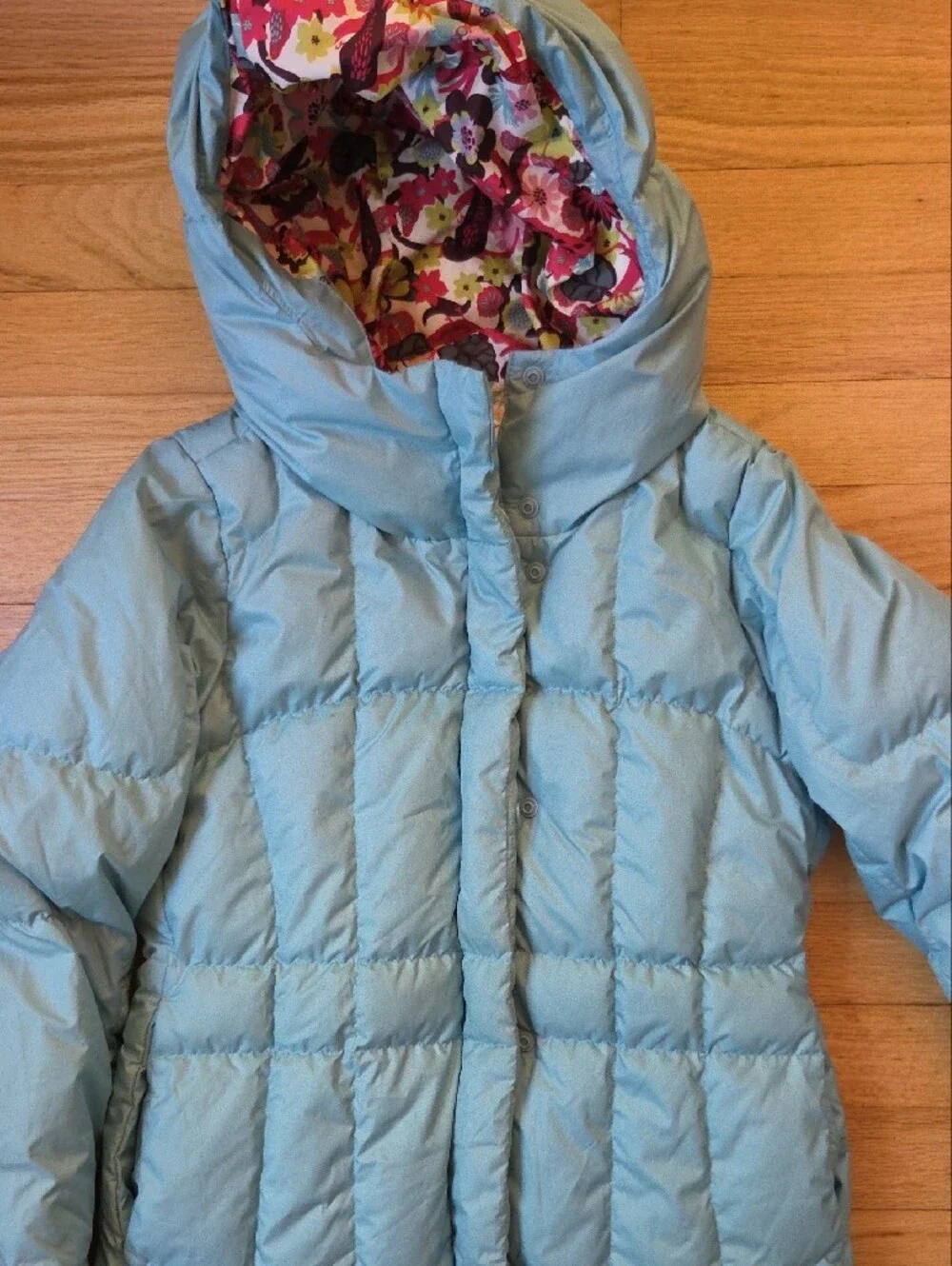 Patagonia Girls Down Coat Long Puffer Parka Light Teal Floral Hood Size M 10